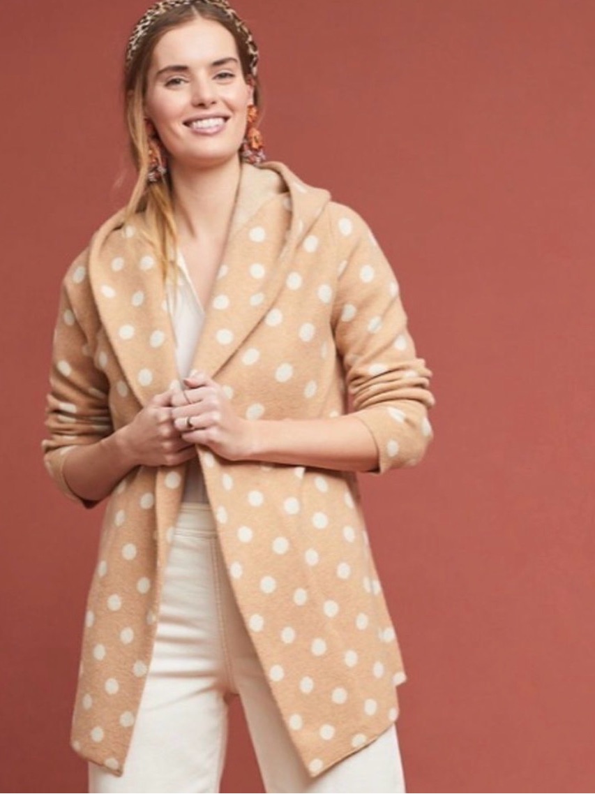 Anthropologie X Field Flower S Dottie Polka Dot Hooded Wool Sweater Jacket
